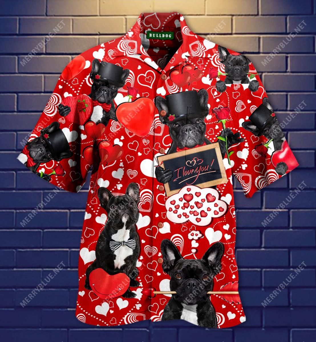 Happy Bulldog Valentine’S Day Aloha Hawaiian Shirt Colorful Short Sleeve Summer Beach Casual Shirt For Men And Women