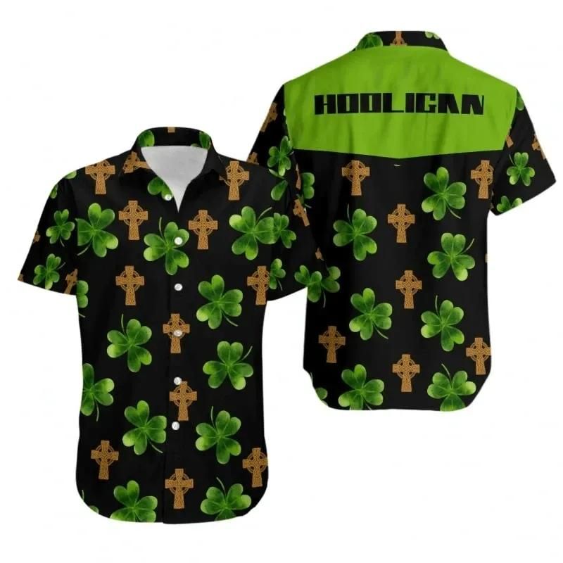 Hooligan Shamrock Irish Cross Patrick’S Day Text Aloha Hawaiian Shirt Colorful Short Sleeve Summer Beach Casual Shirt For Men And Women