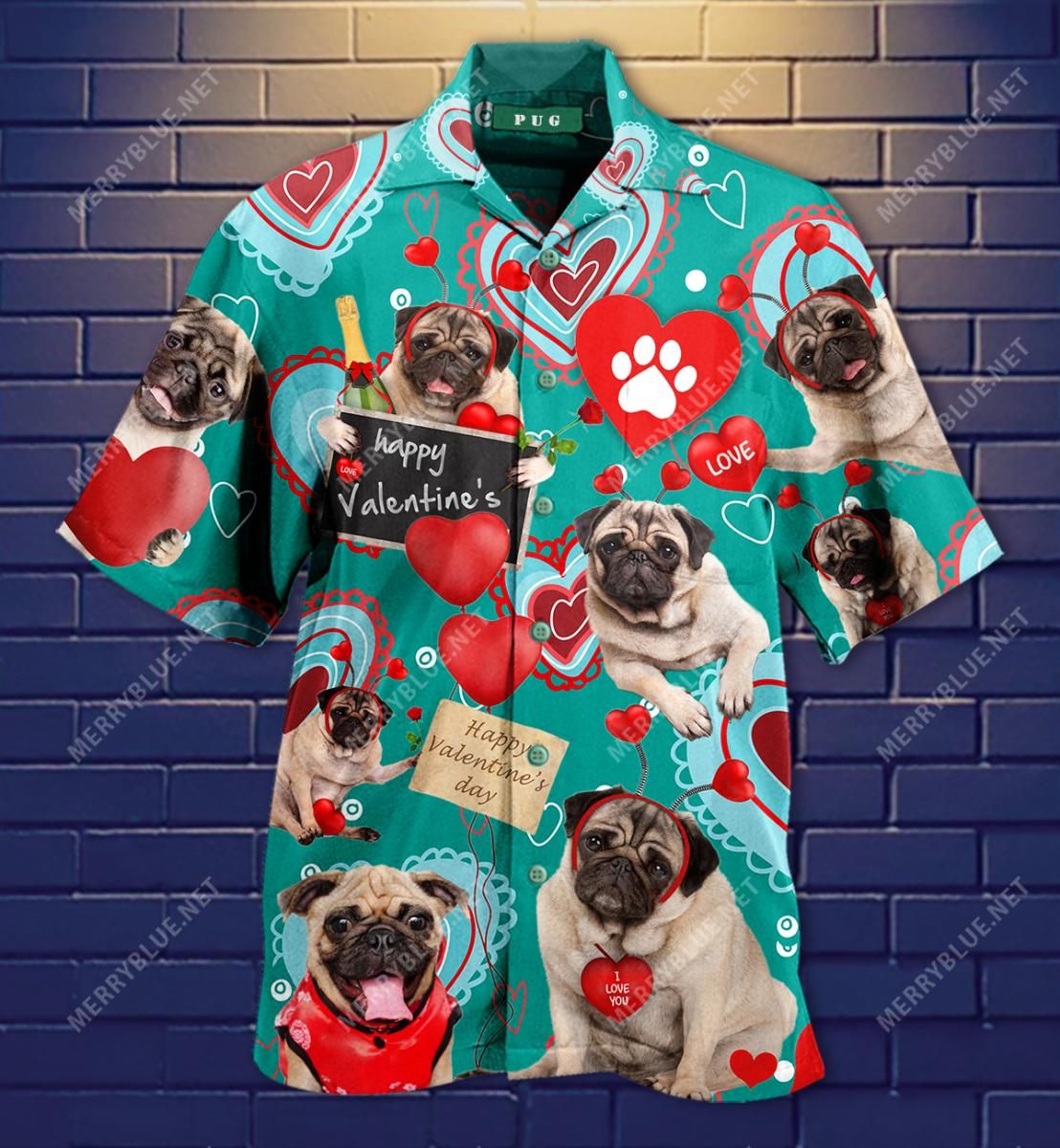 Pug Happy Valentine’S Day Aloha Hawaiian Shirt Colorful Short Sleeve Summer Beach Casual Shirt For Men And Women