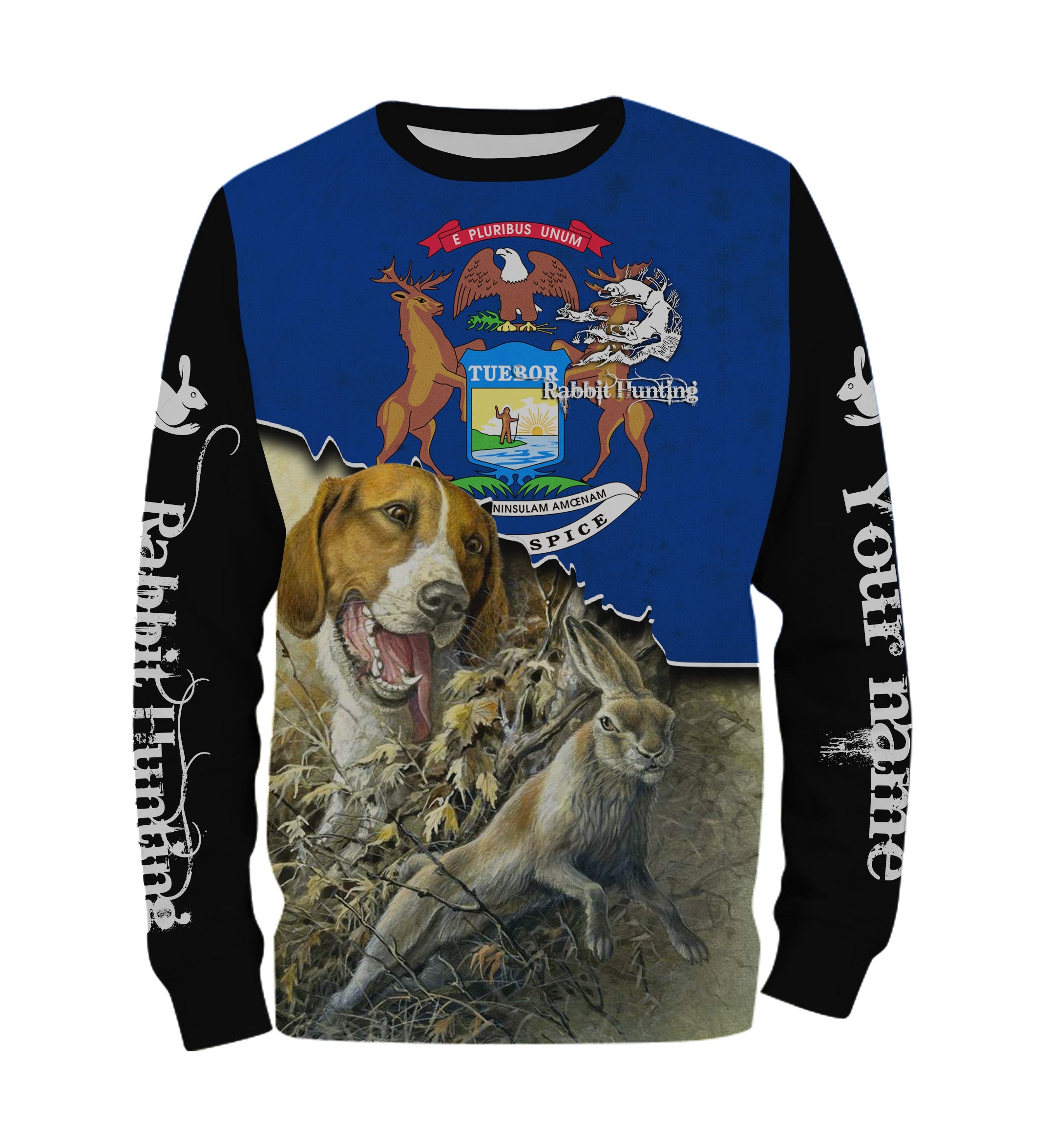Rabbit Hunting with Beagle Dog Michigan state flag Custom Name All over print Shirts, Hoodie – FSD3050