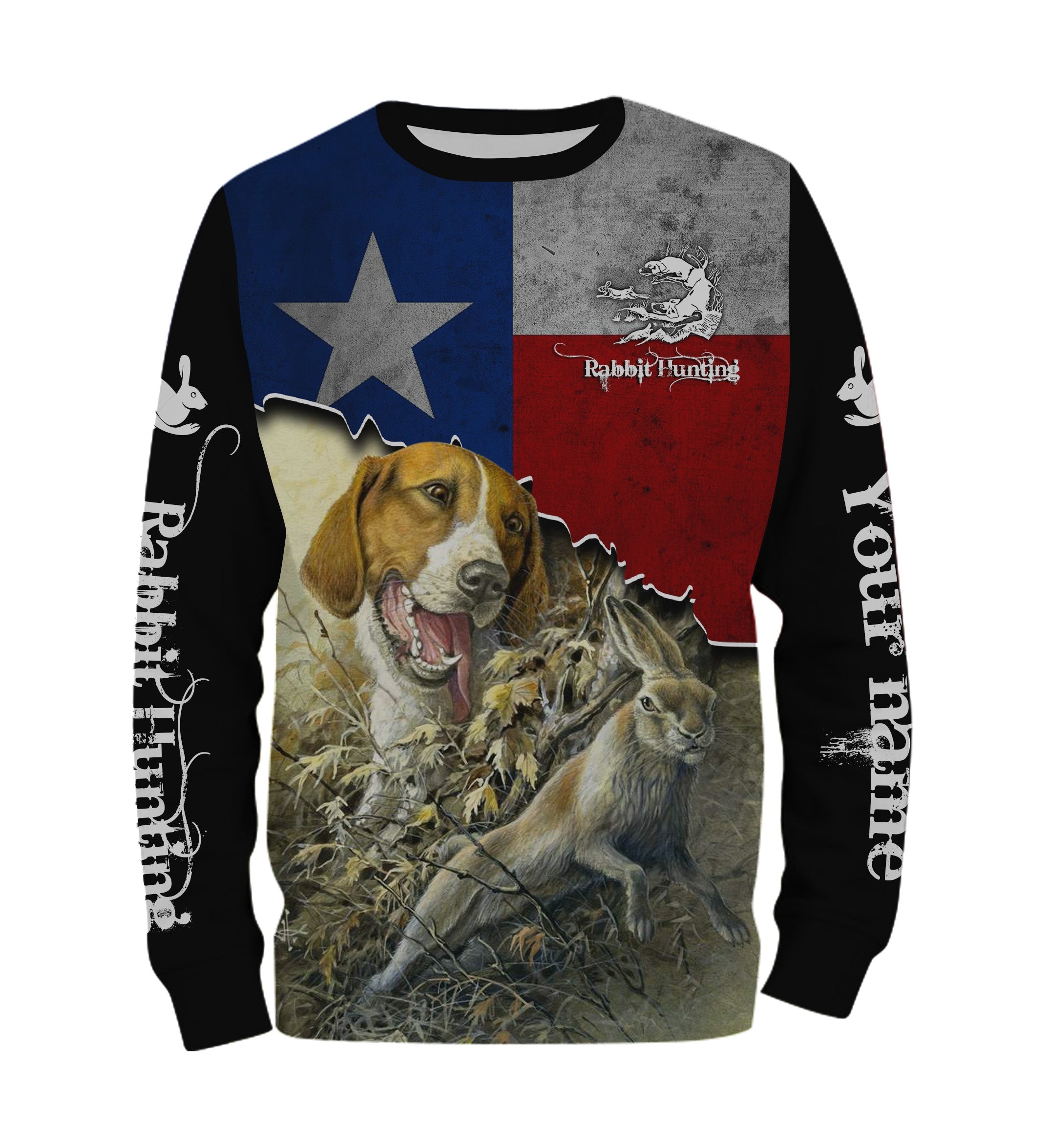 Rabbit Hunting with Beagle Dog Texas flag Custom Name All over print Shirts, Hoodie – FSD3049