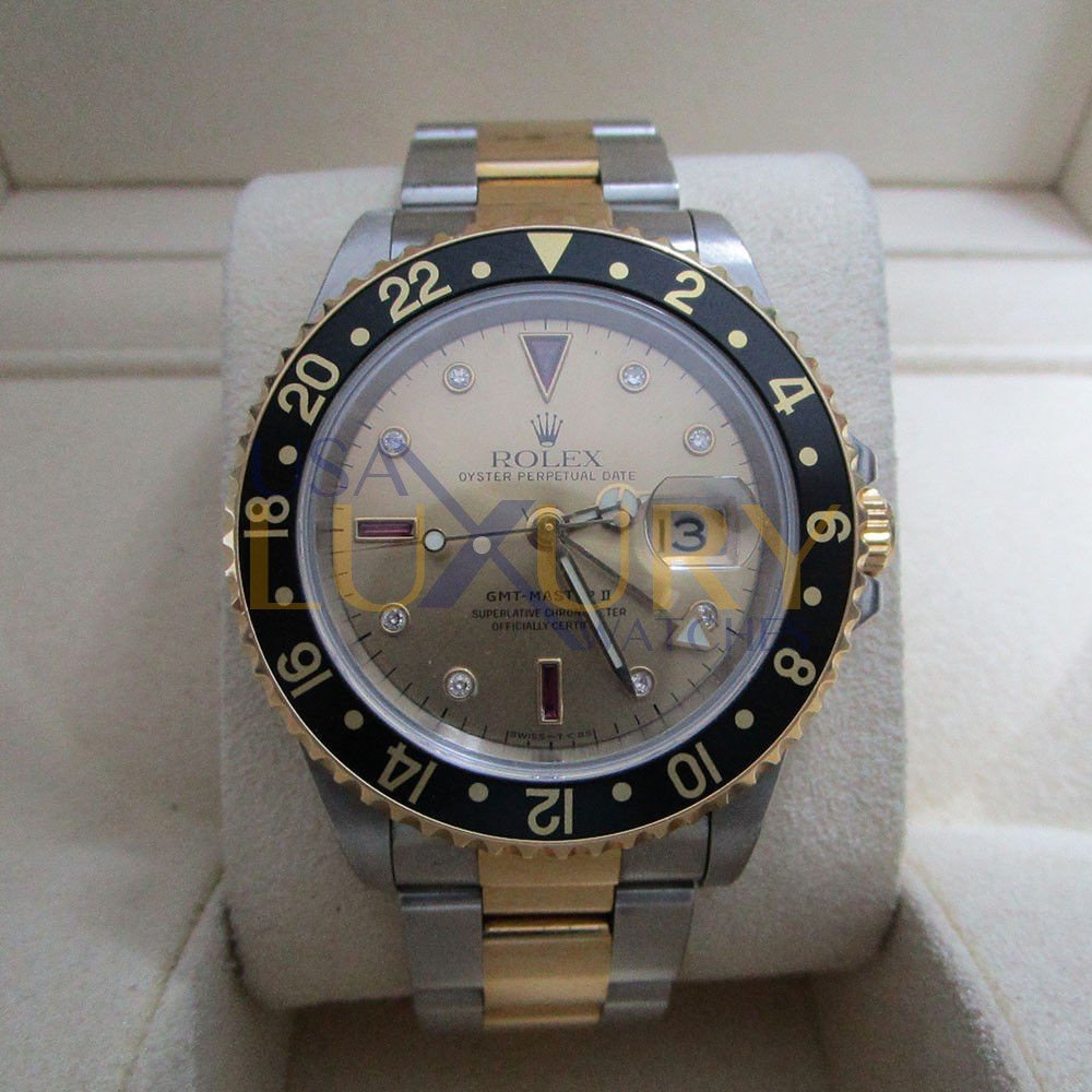 Rolex 16713 GMT II Yellow Gold Steel Serti Diamond Ruby Watch –…