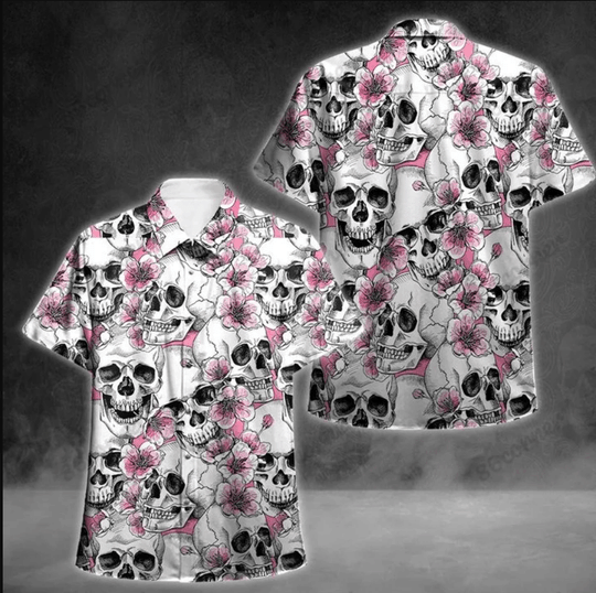 Skull Pink Flowers   White Unique Design Unisex Hawaiian Shirt For Men And Women Dhc17063885