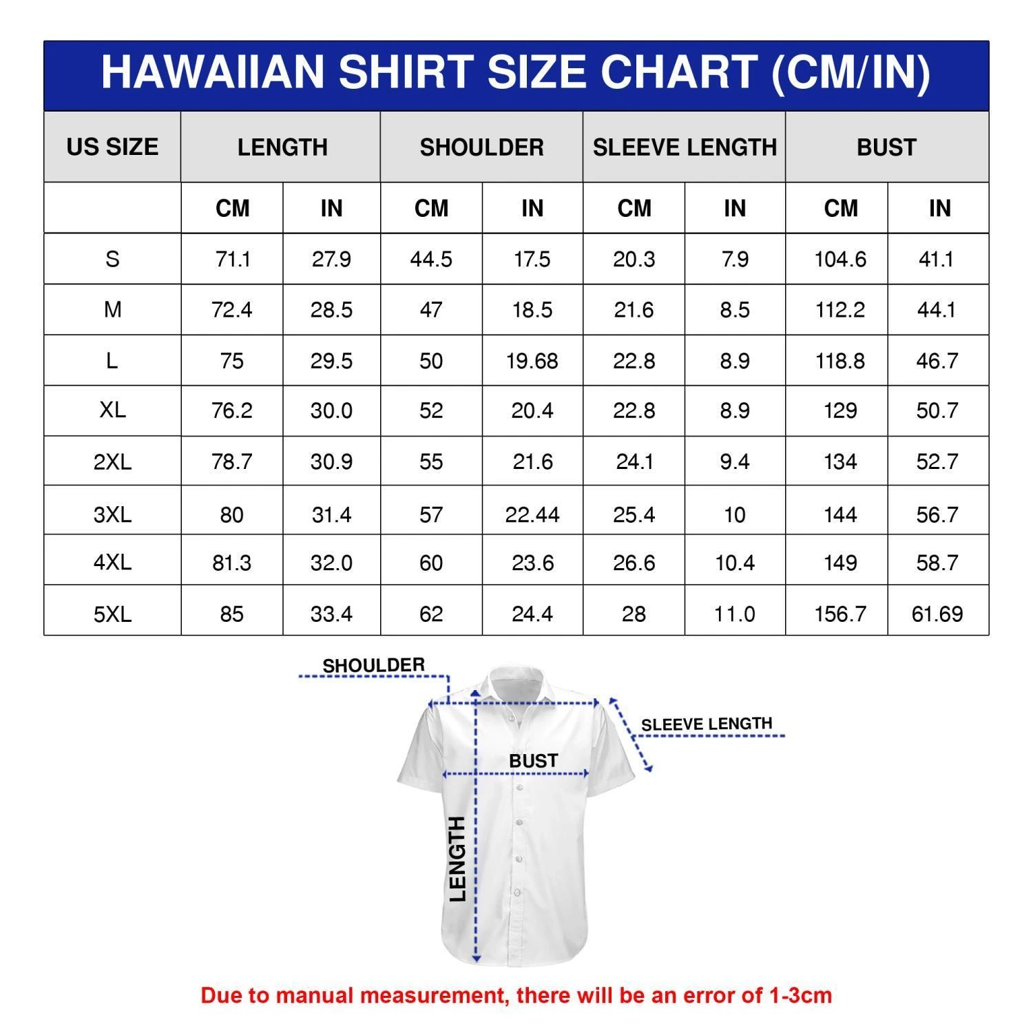 hawaiian shirts size chart